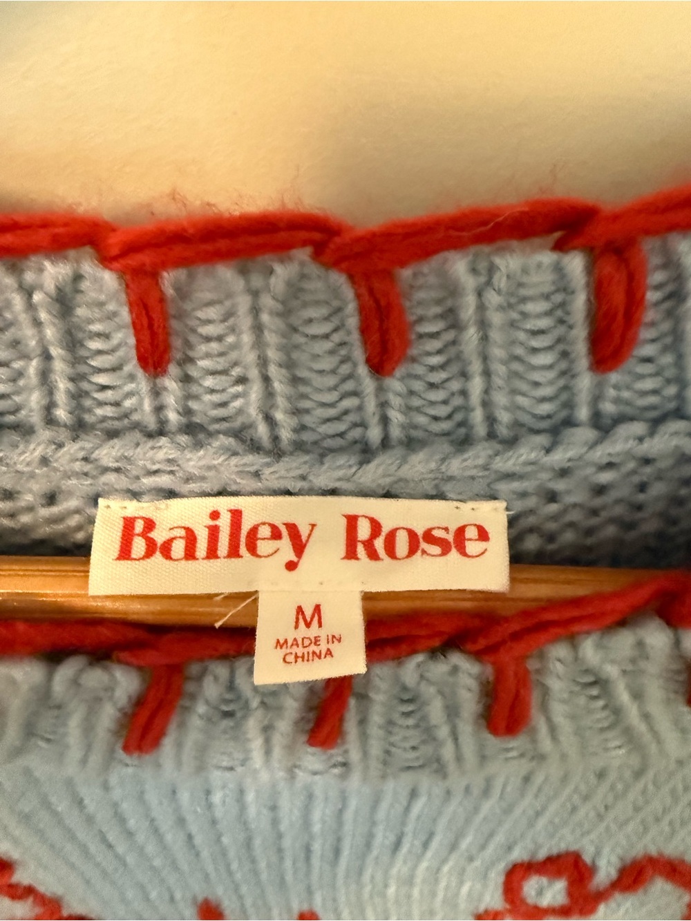 Bailey Rose Light Blue Sweater with Red Lobster Stitch Detail - Picture 3 of 4